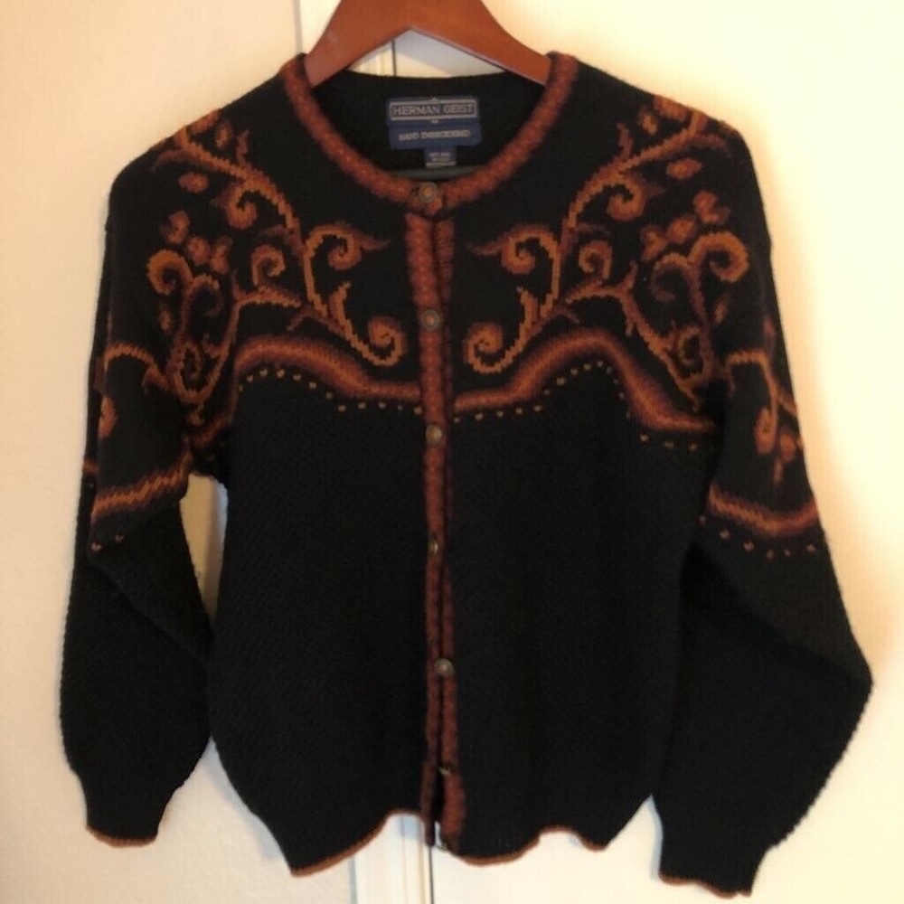 Herman Geist Womens Cardigan Sweater Black 100% Wool Baroque Print Long Sleeve M
